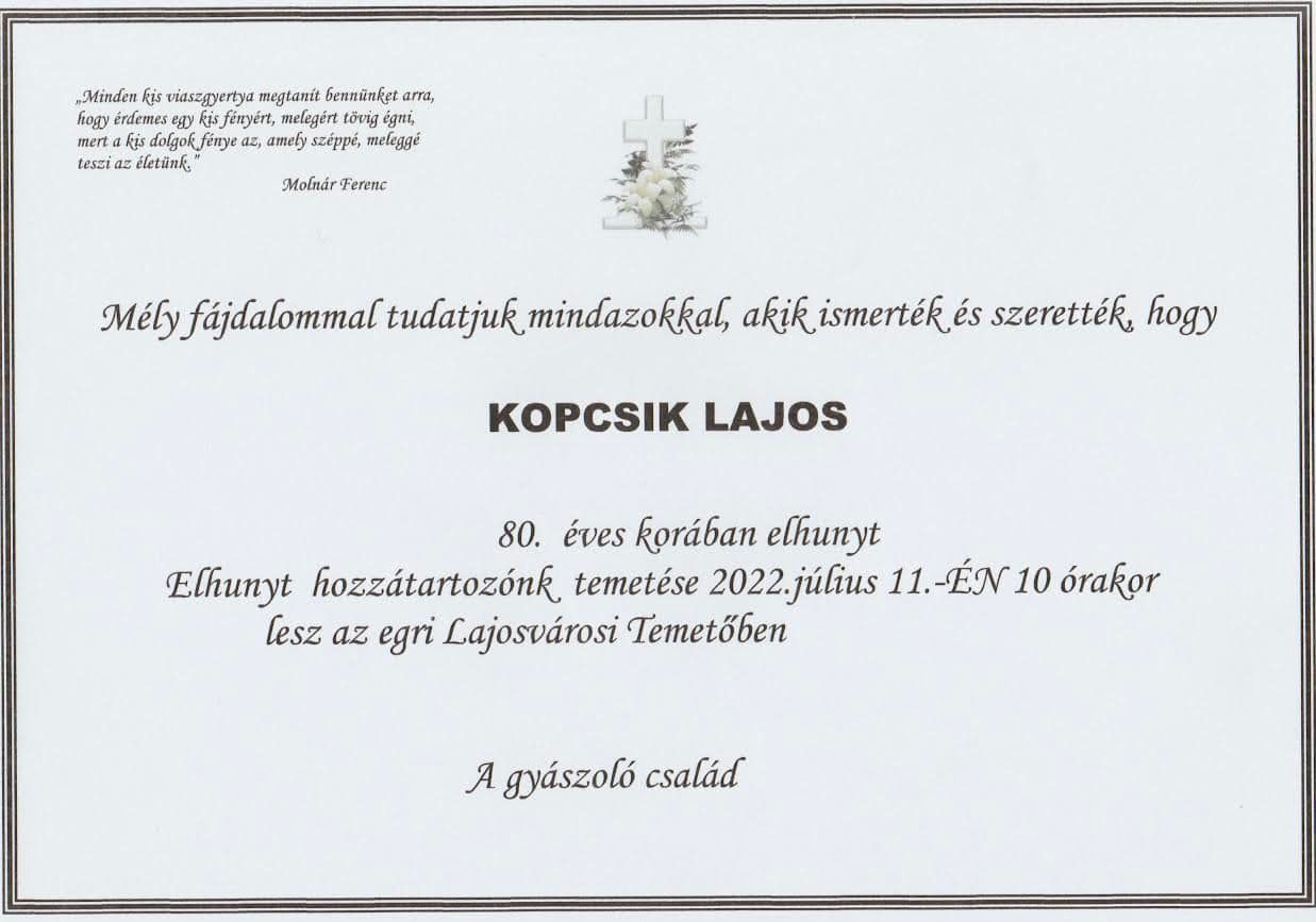 Gyászjelentés Kopcsik Lajos